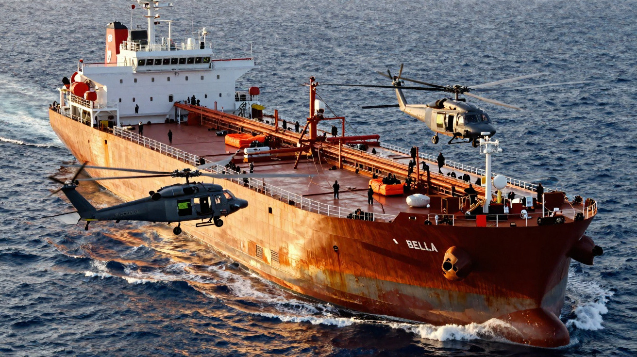 Navio petroleiro vermelho com o nome Bella é escoltado por dois helicópteros militares no mar.