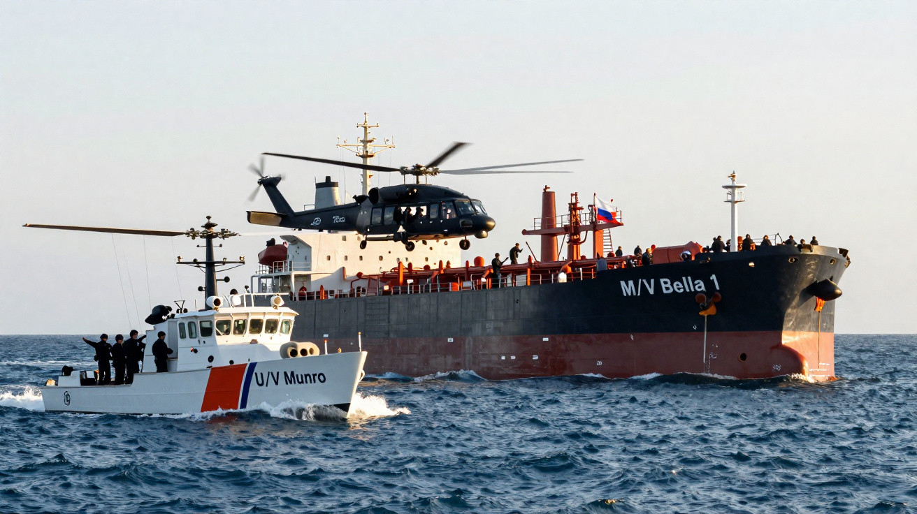 Helicóptero sobrevoa navio M/V Bella 1 enquanto barco da guarda costeira U/V Munro se aproxima no mar calmo.