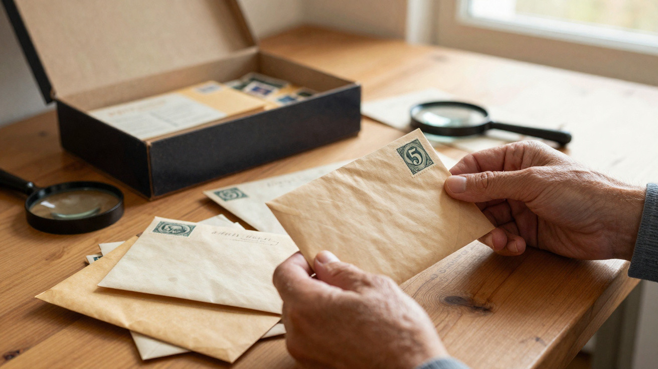 Mãos seguram envelope antigo com selo, mais envelopes e lupa em mesa de madeira junto a caixa.