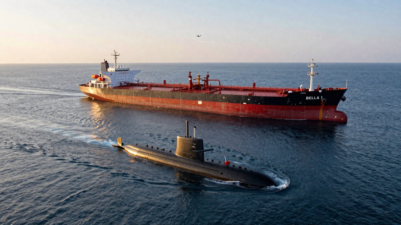 Submarino negro na frente de um grande navio cargueiro vermelho e preto no mar calmo ao pôr do sol.