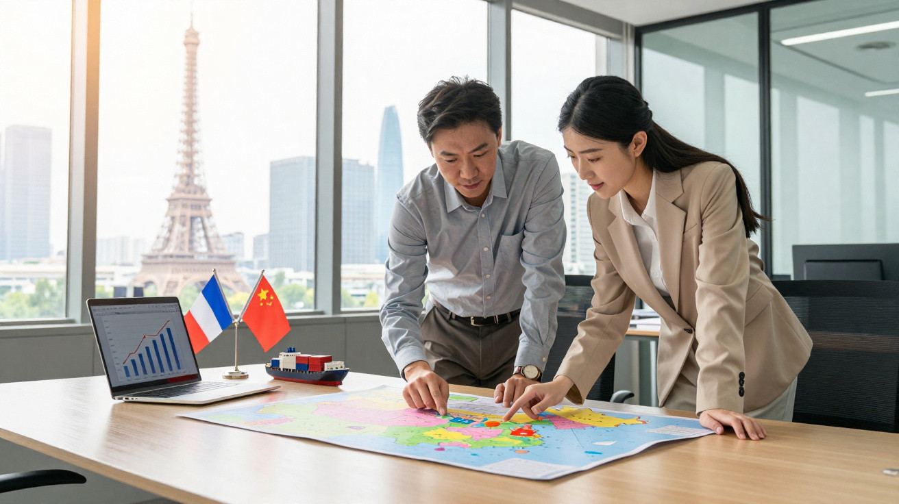Duas pessoas a analisar um mapa numa sala de reunião com vista para a Torre Eiffel em Paris.