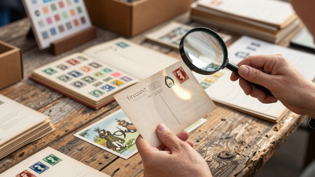 Pessoa a examinar postal com lupa numa mesa de madeira com outros postais e álbuns de selos.