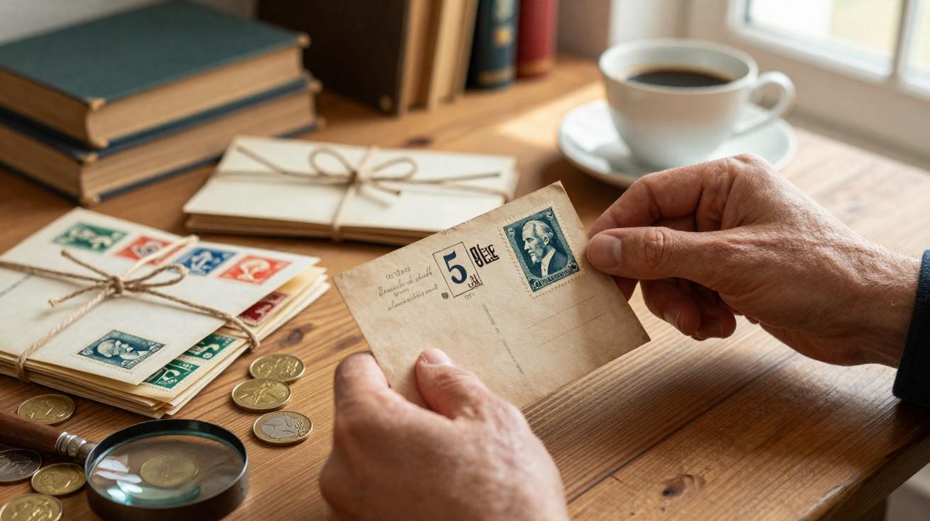 Mãos seguram cartão postal antigo sobre mesa com cartas, moedas, lupa, livros e chávena de café.