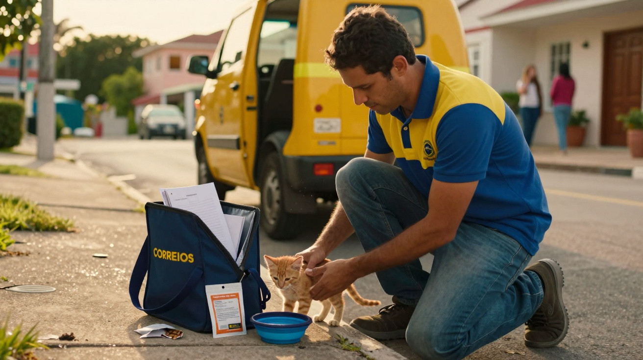 Carteiro agachado a alimentar um gato às portas de uma carrinha amarela dos correios numa rua urbana.