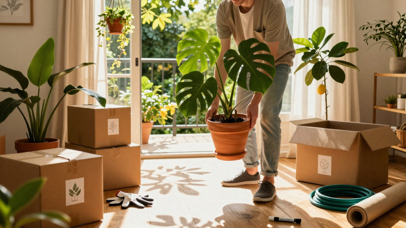 Pessoa a arrumar plantas em vaso dentro de uma sala iluminada com caixas de mudança e ferramentas.