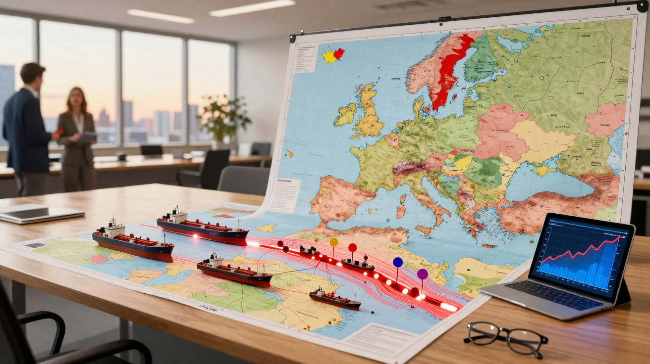 Mapa de Europa com rotas marítimas destacadas e miniaturas de navios sobre mesa de escritório.