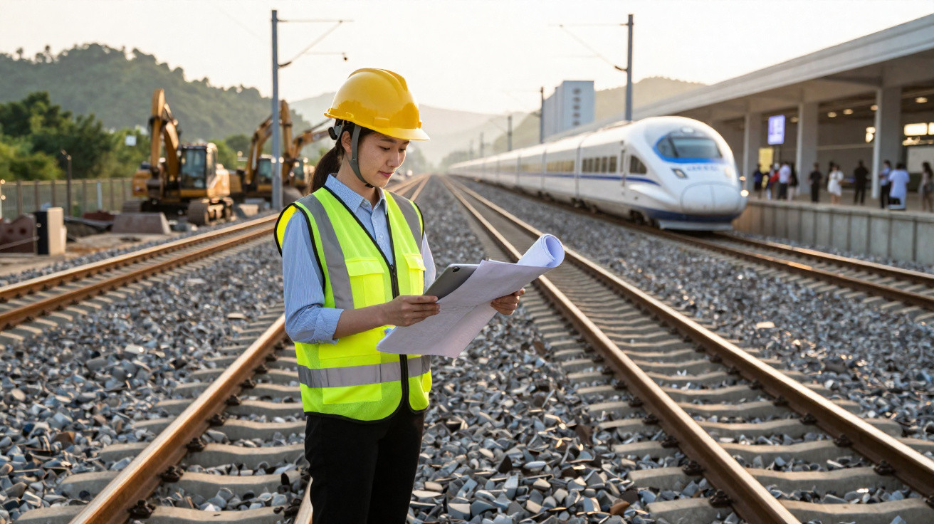 Engenheira de segurança com colete e capacete a analisar plantas junto a linhas ferroviárias com comboio de alta velocidade p