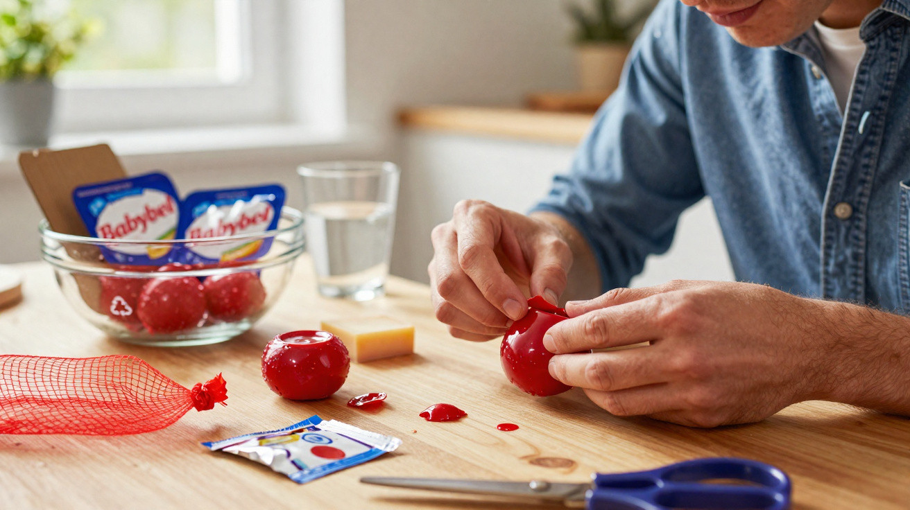 Pessoa a abrir queijo Babybel vermelho numa cozinha, com queijo e utensílios sobre a mesa de madeira.