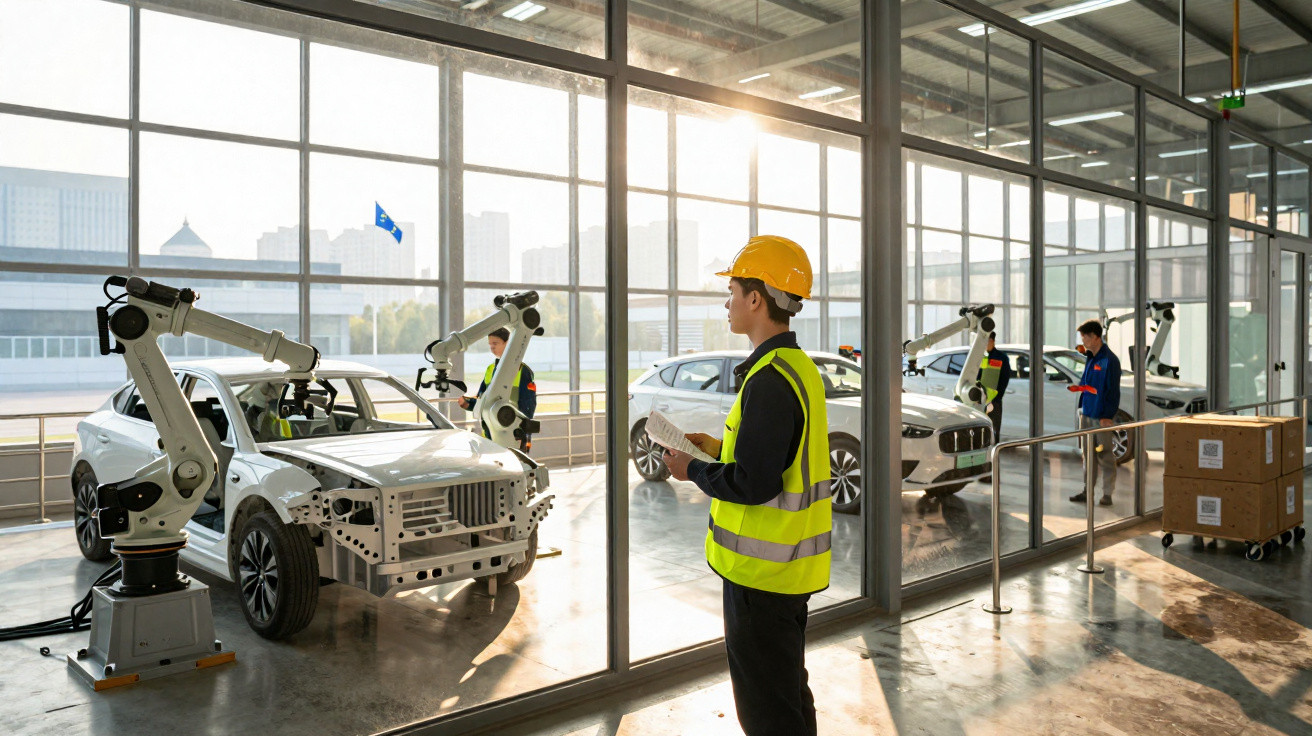 Engenheiro com capacete e colete numa fábrica de automóveis com braços robóticos a montar carros.