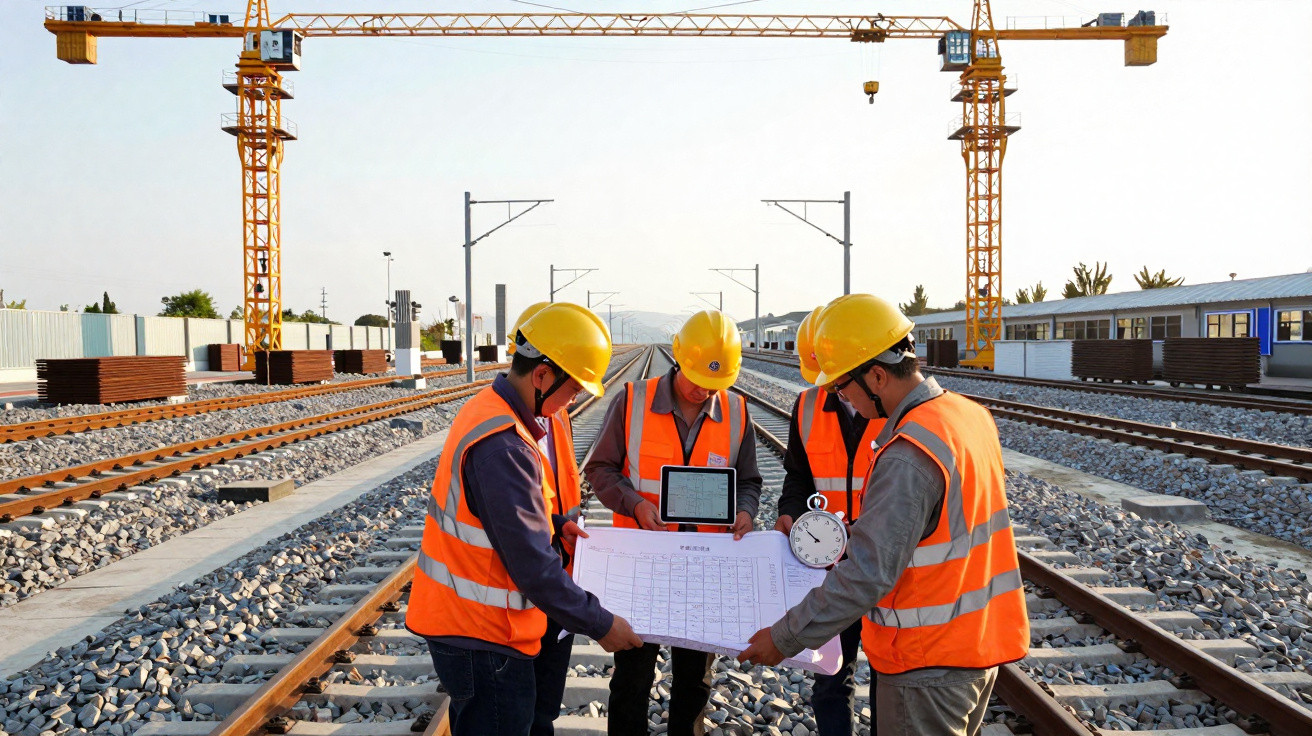 Quatro trabalhadores com capacetes e coletes refletivos analisam plantas numa obra ferroviária ao ar livre.