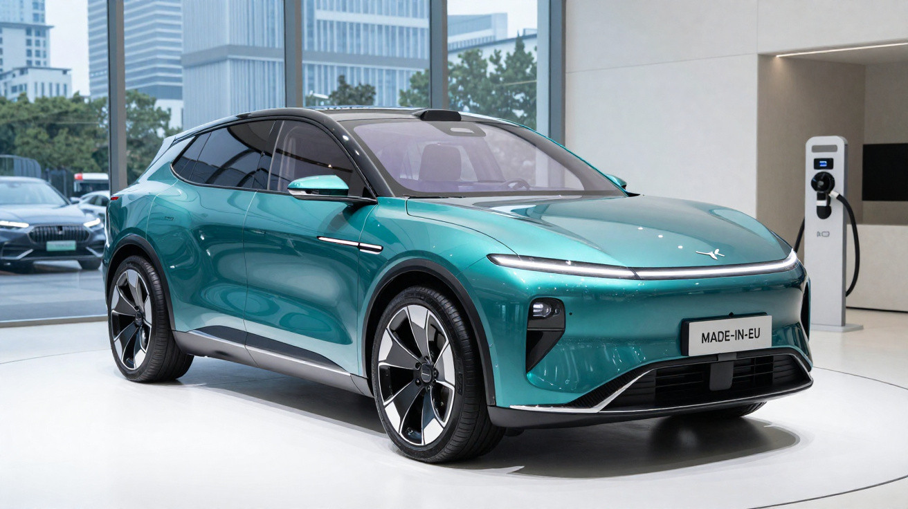 Carro elétrico verde metálico com design moderno estacionado em showroom com posto de carregamento.