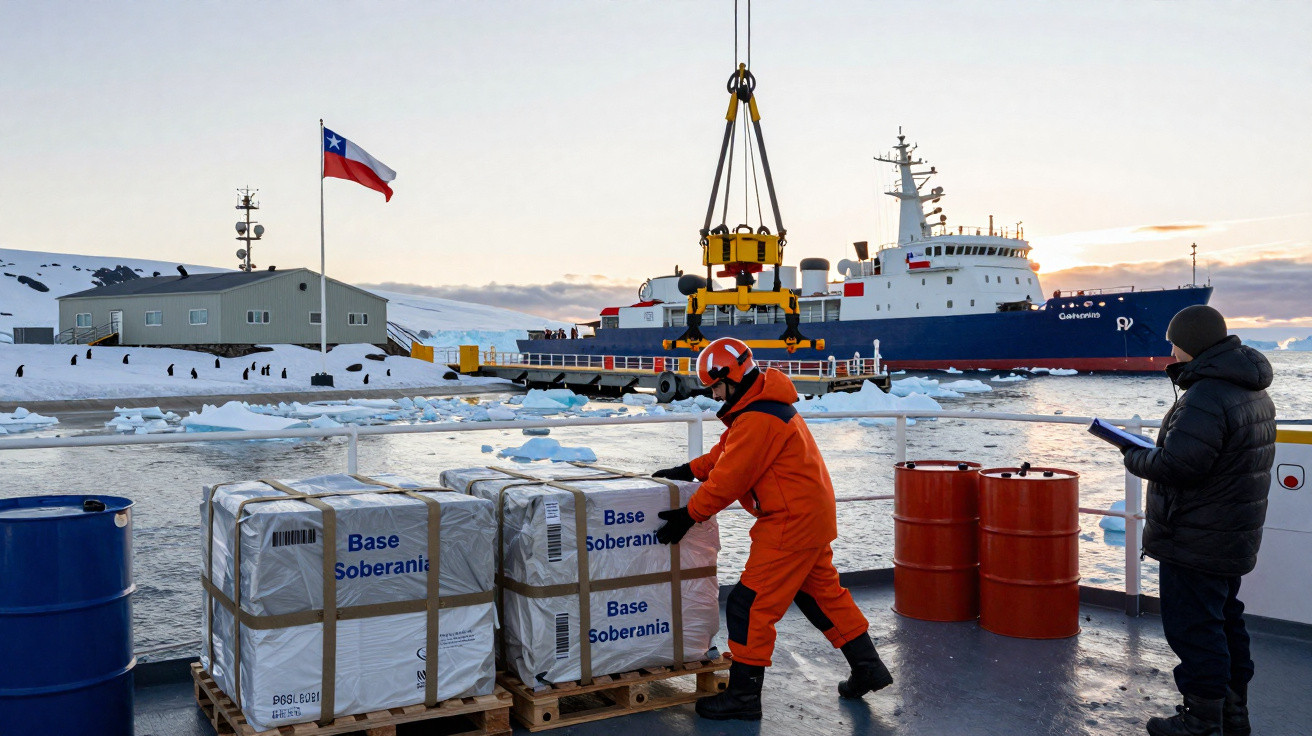 Cargas a serem descarregadas em embarcação na base chilena Antártica com bandeira do Chile e gelo no mar.