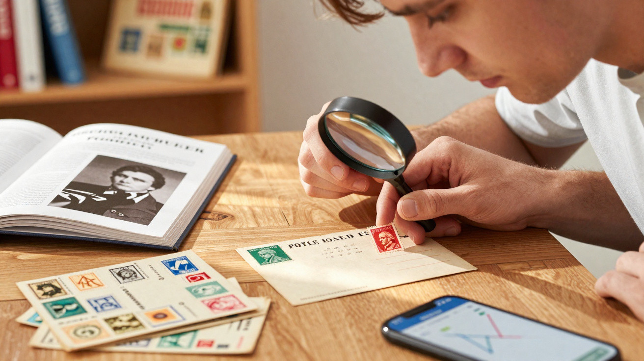 Homem observa selo antigo num envelope com lupa, rodeado de livros, cartas e telemóvel numa mesa de madeira.