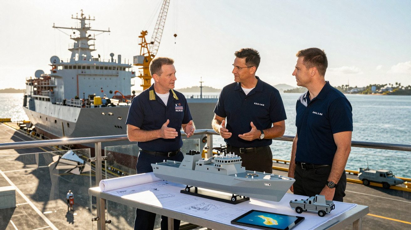 Três homens em uniforme discutem plano e modelo de navio num cais junto a um grande navio militar atracado.