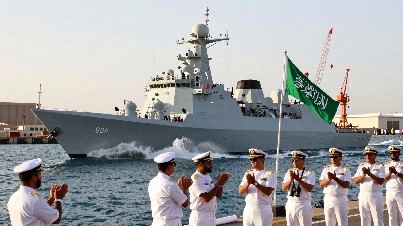 Navio de guerra com bandeira da Arábia Saudita passando junto a militares sauditas a aplaudir em cais.
