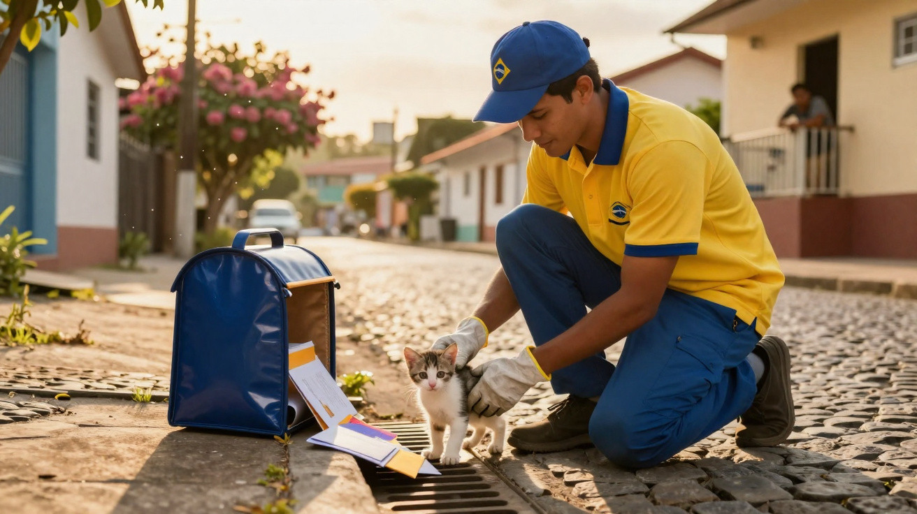Carteiro de uniforme amarelo a proteger um gato junto a cartas espalhadas numa rua de pedras.