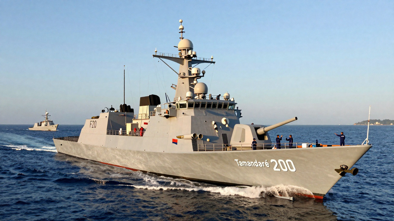 Fragata Tamandaré 200 da Marinha em mar calmo durante o dia com tripulantes no convés.