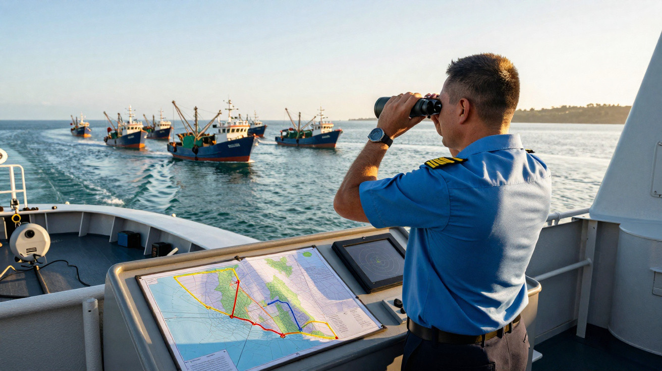 Oficial naval em uniforme azul observa uma frota de barcos de pesca no mar com binóculos ao amanhecer.