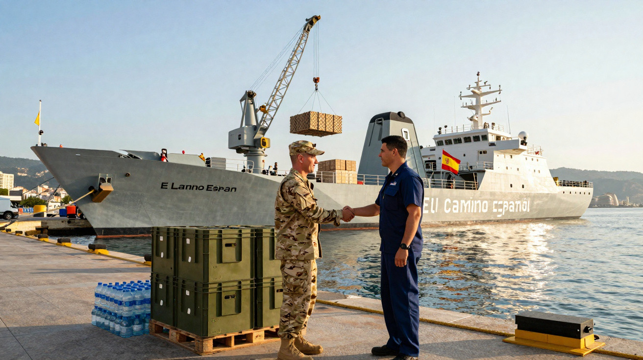 Dois militares apertam as mãos num porto com um navio de carga espanhol ao fundo e caixotes e garrafas de água empilhados.