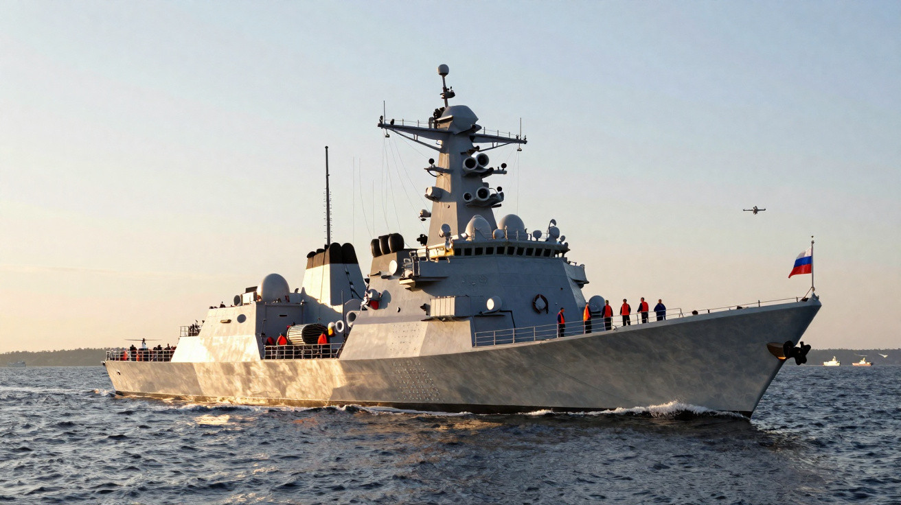 Navio de guerra militar cinzento com tripulação a bordo navegando em mar calmo ao pôr do sol.