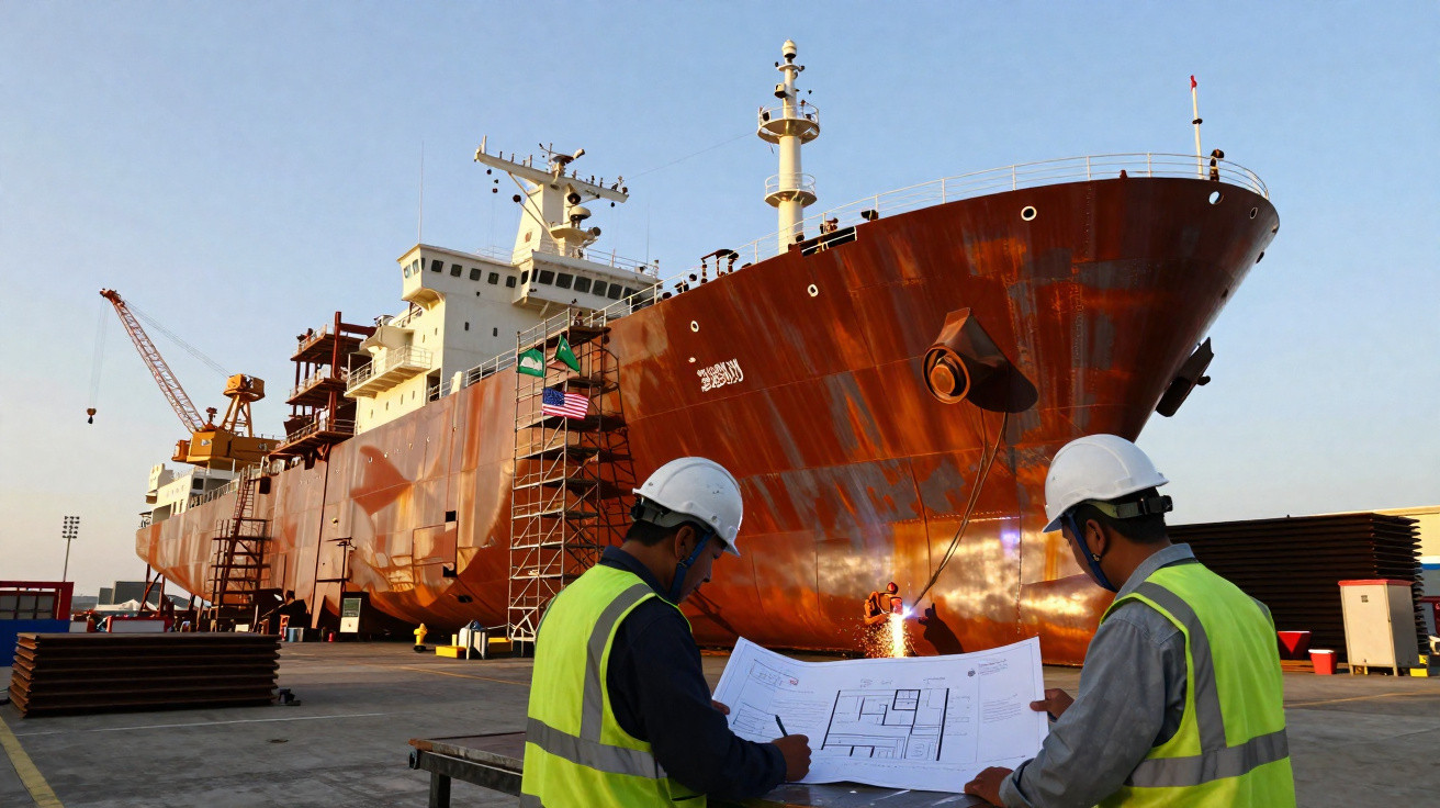 Dois trabalhadores com capacetes e coletes verificam plantas junto a um grande navio em estaleiro naval ao pôr do sol.