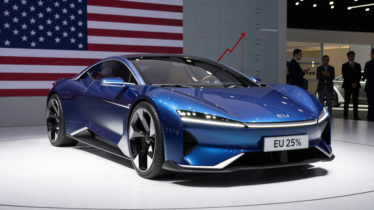 Carro desportivo azul elétrico exibido em salão automóvel com bandeira dos EUA ao fundo.