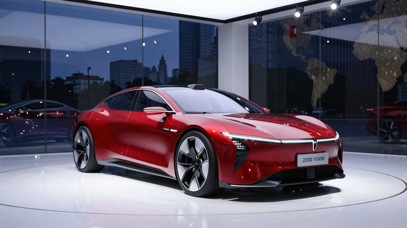Carro elétrico desportivo vermelho exibido numa plataforma branca numa sala com paredes de vidro e mapa do mundo.