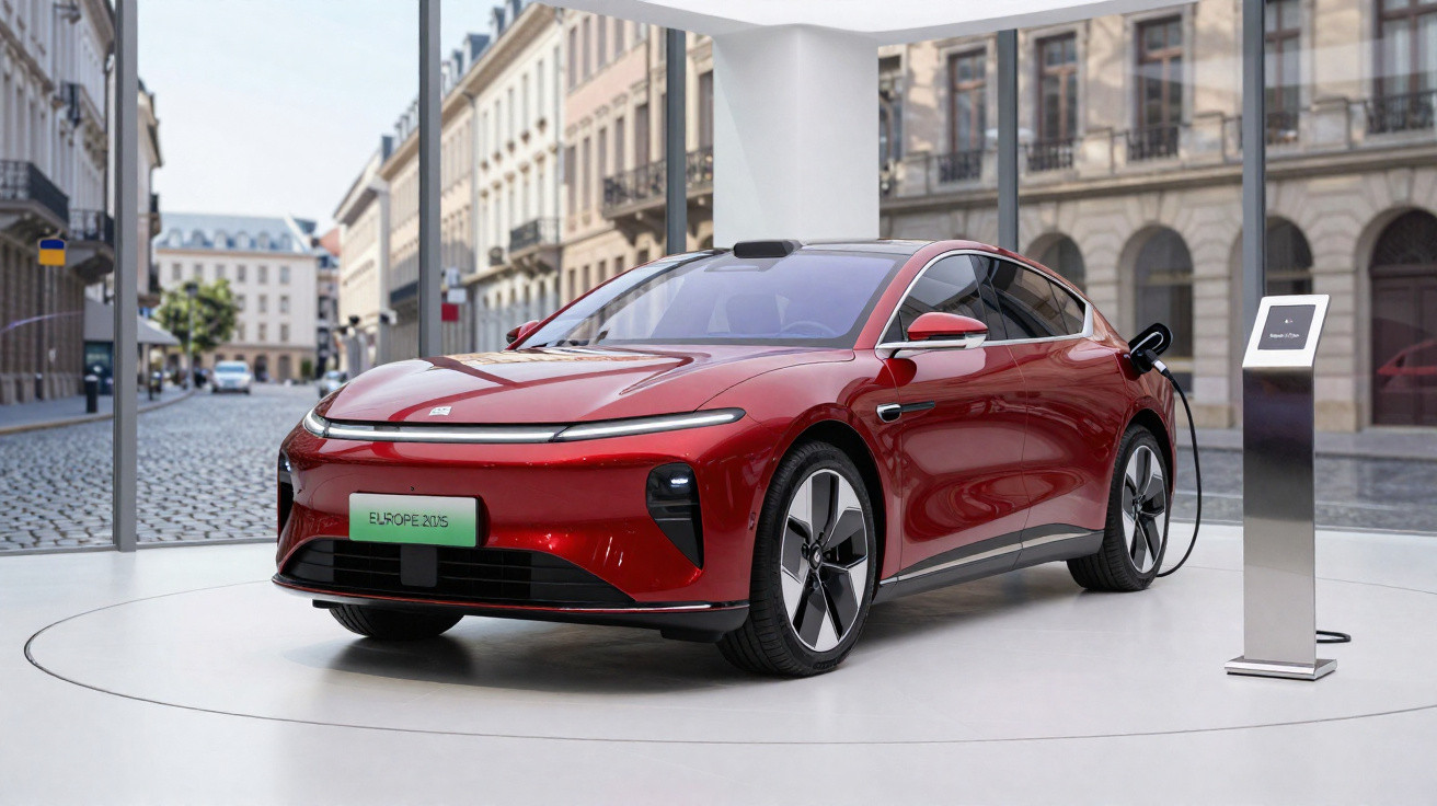 Carro elétrico vermelho a carregar numa estação de carregamento numa praça urbana com edifícios históricos.