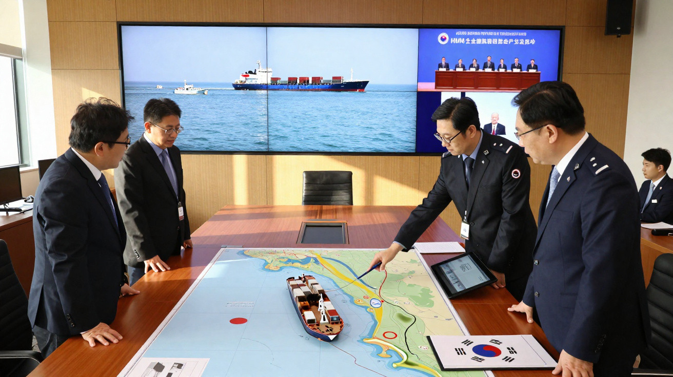 Quatro homens em fato analisam mapa com maquete de navio em sala com grande ecrã a mostrar navios no mar.