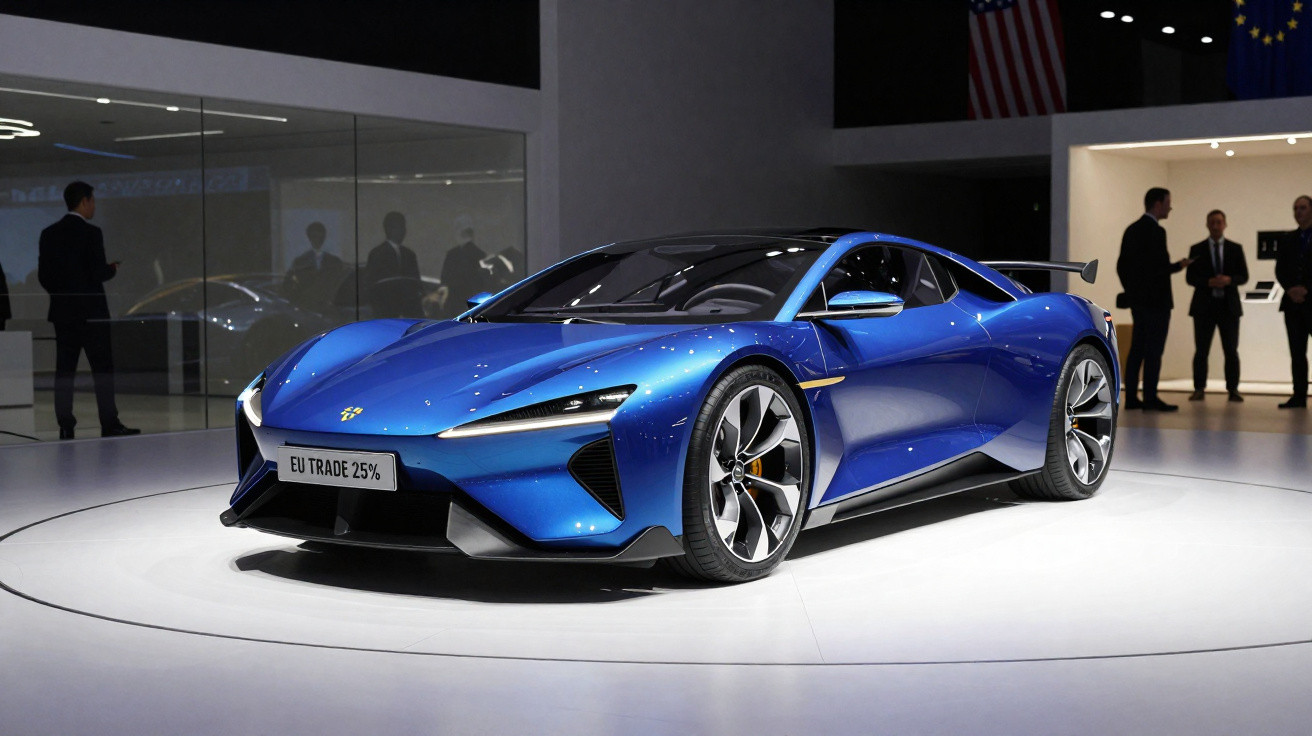 Carro desportivo azul metálico em exposição numa feira automóvel com pessoas ao fundo.