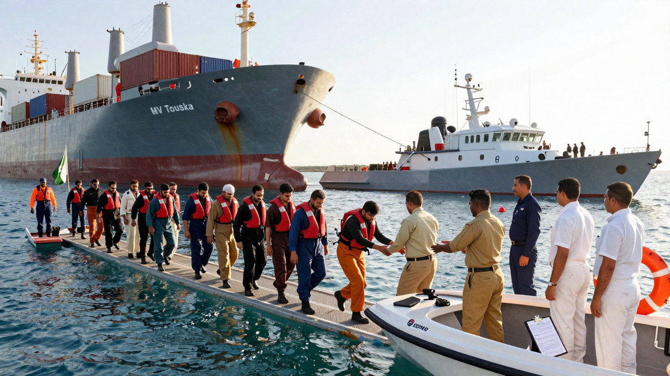 Pessoas em coletes salva-vidas desembarcando de grande navio cargueiro para barco menor numa doca flutuante no mar.