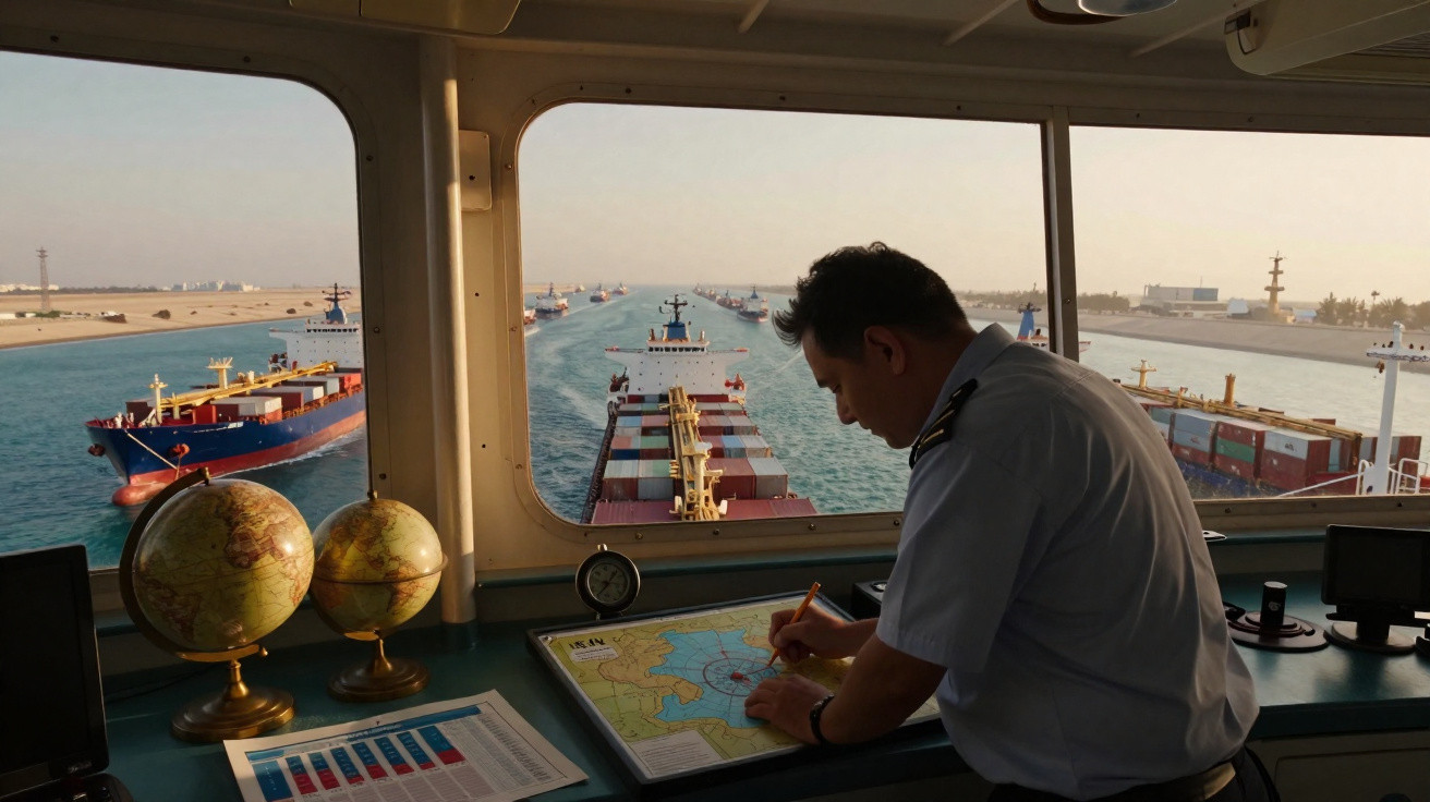 Homem em uniforme naval traça rota num mapa dentro da ponte de comando de um navio, vendo vários navios no canal.