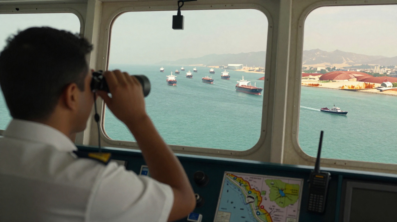 Marinheiro a observar com binóculos várias embarcações num porto visto do interior da ponte de comando.
