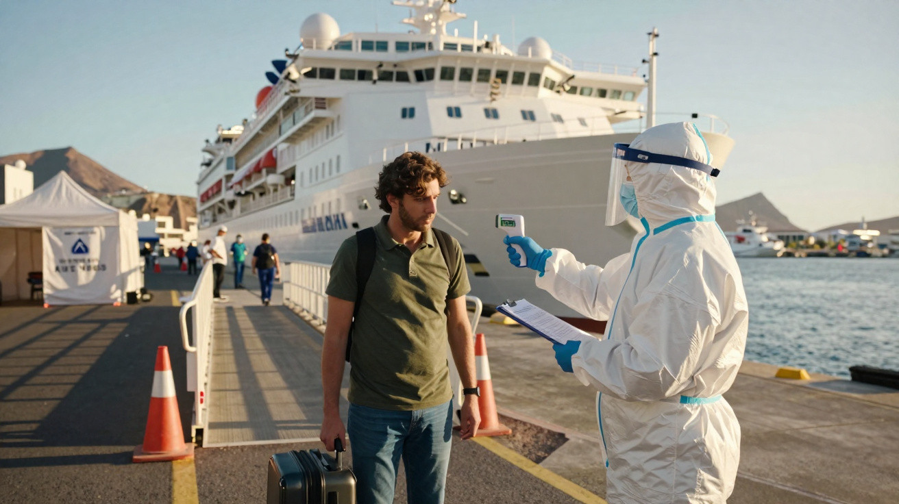Trabalhador de saúde com equipamento de proteção mede temperatura de passageiro com mala num porto perto de cruzeiro.