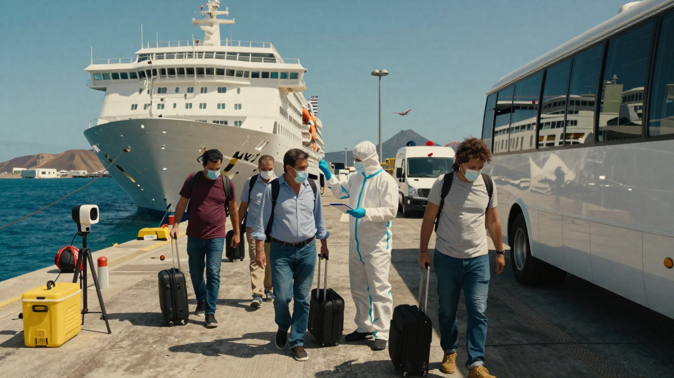 Passageiros com máscara são verificados por profissional com fato de proteção ao desembarcar de cruzeiro no porto.