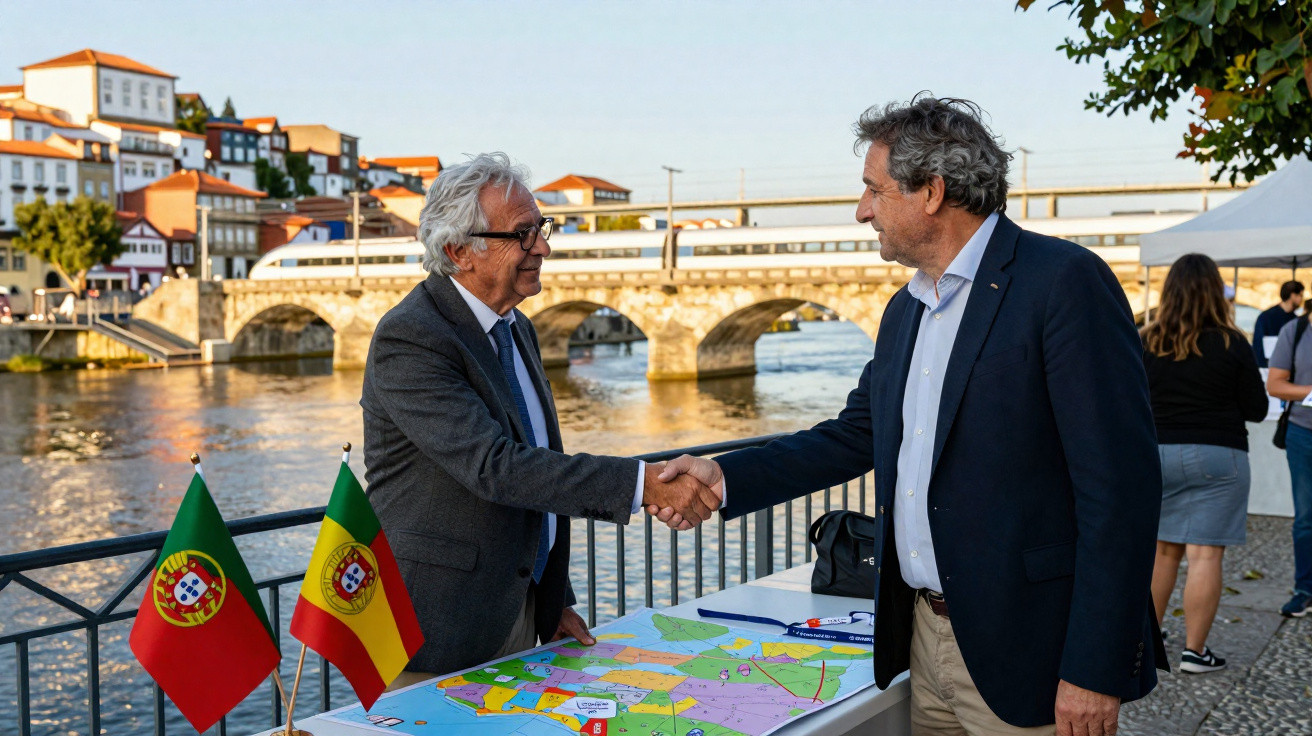 Dois homens apertando mãos junto a uma mesa com mapa e bandeiras de Portugal e Espanha à beira de um rio.