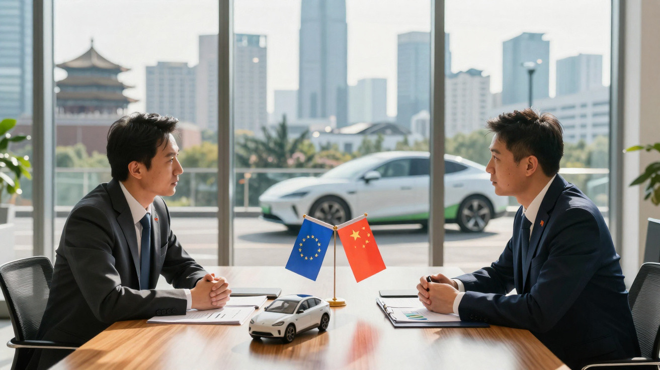 Dois empresários asiáticos em reunião com miniaturas de carros e bandeiras da União Europeia e China numa mesa.