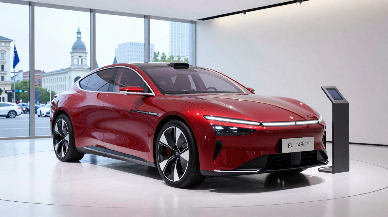 Carro elétrico desportivo vermelho em exposição numa sala moderna com janelas amplas.