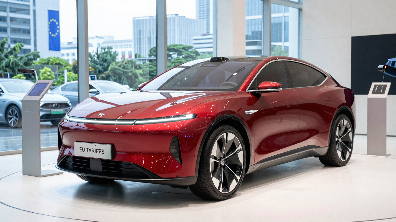 Carro elétrico vermelho brilhante exposto numa sala com janelas grandes e vista urbana.