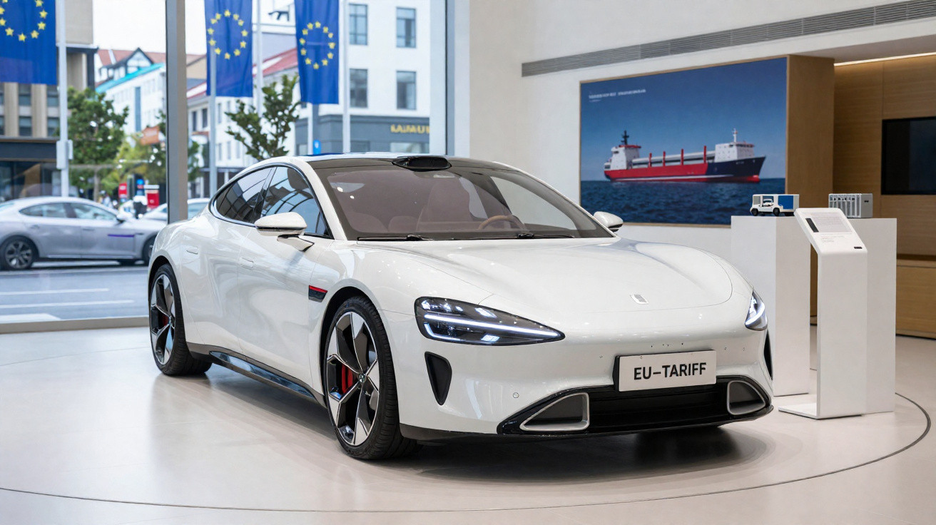 Carro elétrico branco em exposição numa sala com janelas grandes e bandeiras da União Europeia.