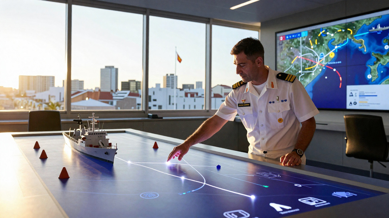 Oficial da marinha portuguesa a operar mesa de controlo táctico com maquete de navio e ecrã digital em sala de comando.