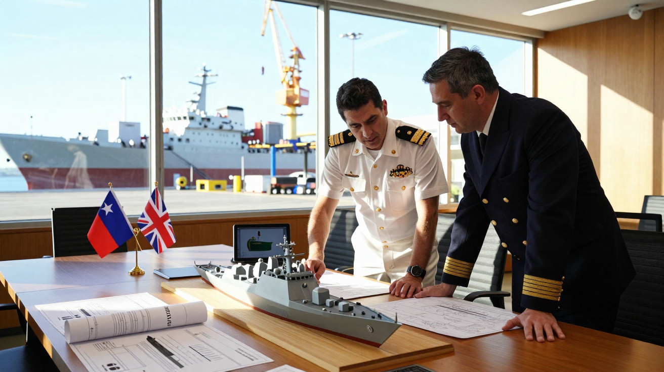 Dois homens em uniformes militares analisam maquete de navio e planos numa sala com vista para o porto.