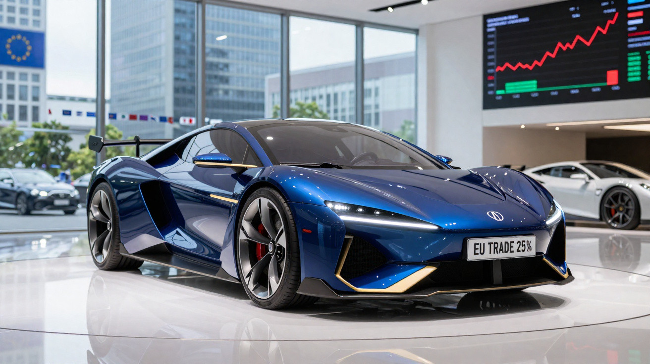 Carro desportivo azul metálico em exposição numa sala moderna com janelas amplas e gráficos financeiros ao fundo.
