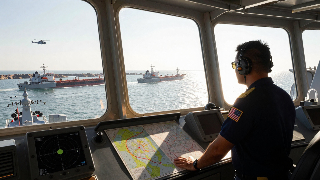 Oficial naval a bordo, observa navios e helicóptero no mar através da ponte de comando do navio.