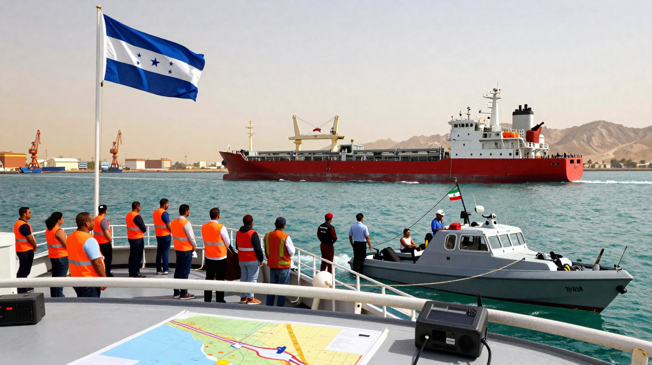 Tripulação com coletes laranja em navio observa embarcação militar e navio cargueiro num porto com bandeira de Honduras.
