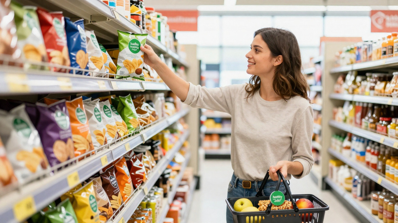 Mulher sorridente a escolher pacote de batatas fritas em supermercado com cesto de compras na mão.