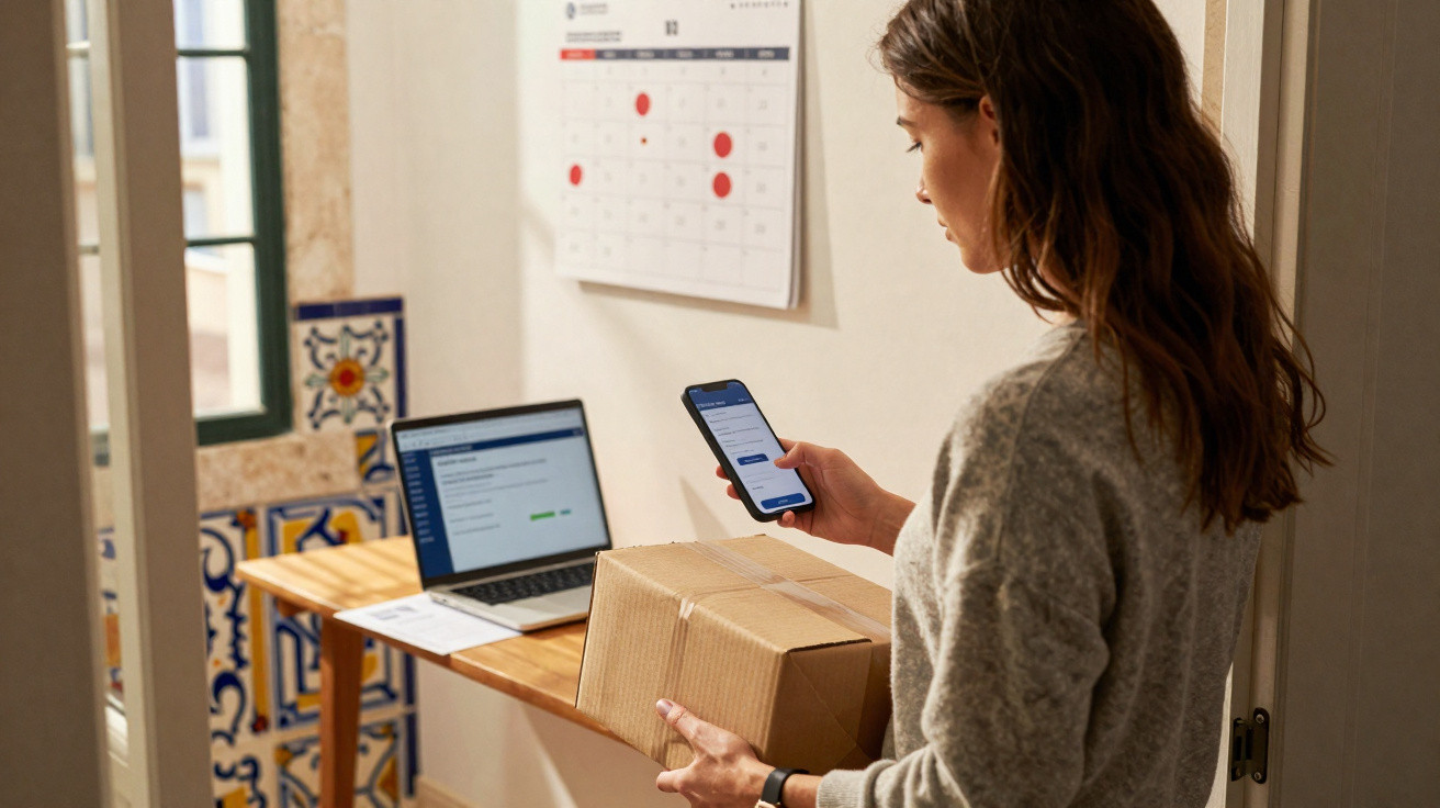 Mulher segura encomenda e consulta telemóvel numa sala com portátil e calendário na parede.