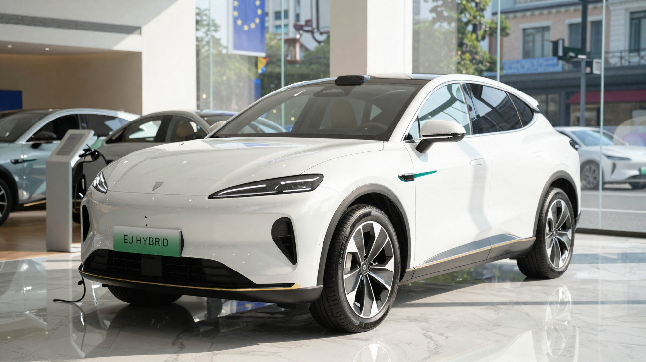 Carro elétrico branco a carregar numa exposição moderna com grandes janelas e outros veículos visíveis.