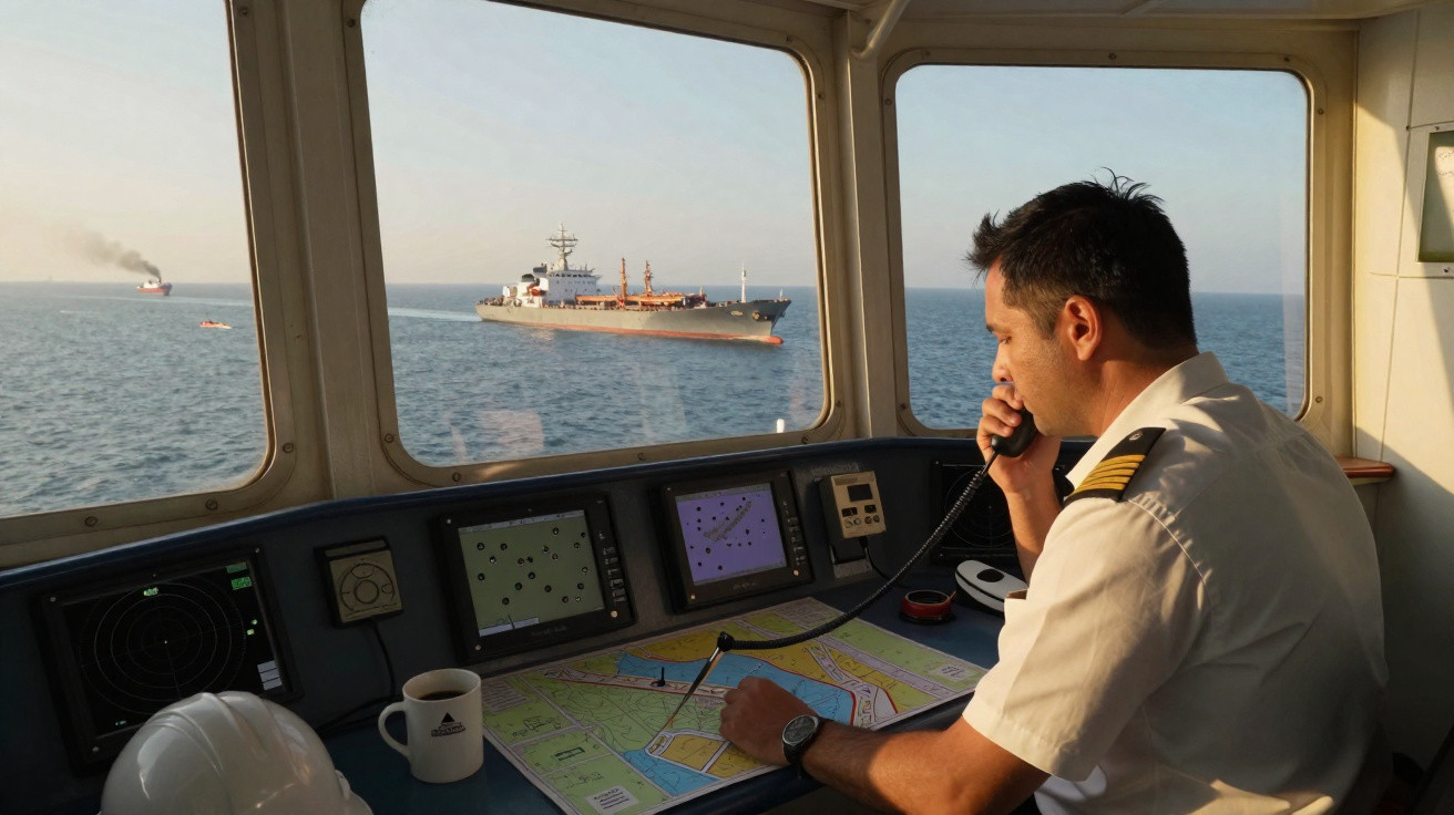 Homem de uniforme naval na ponte de comando falando ao rádio, com navios visíveis no mar através das janelas.