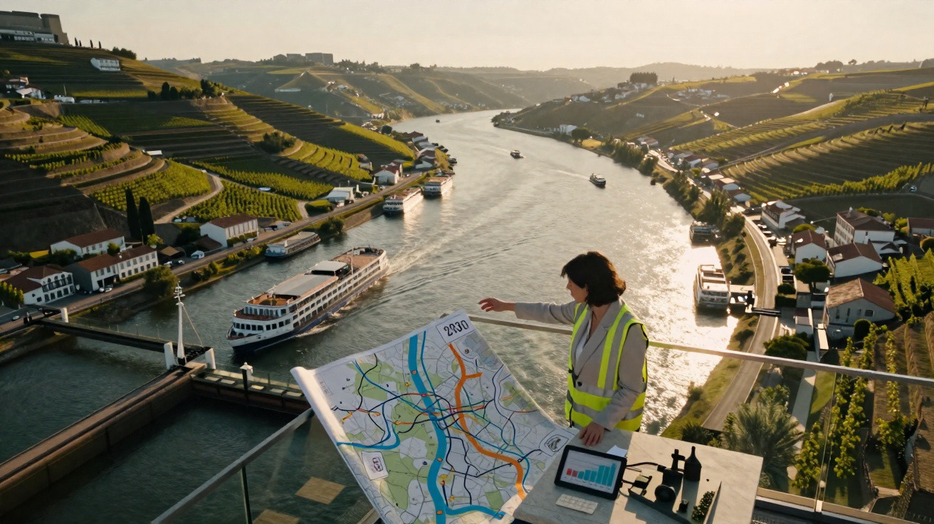 Pessoa em colete refletor junto a mapa e tablet com gráfico, visualizando rio rodeado de vinhas e casas ao pôr do sol.